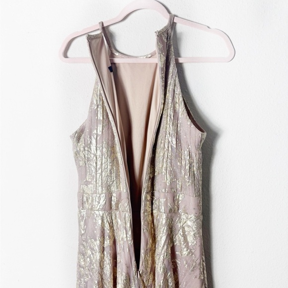Aqua Formal Floral Print Foil Halter Gown Metallic Gold Beige size 10 - Picture 9 of 16
